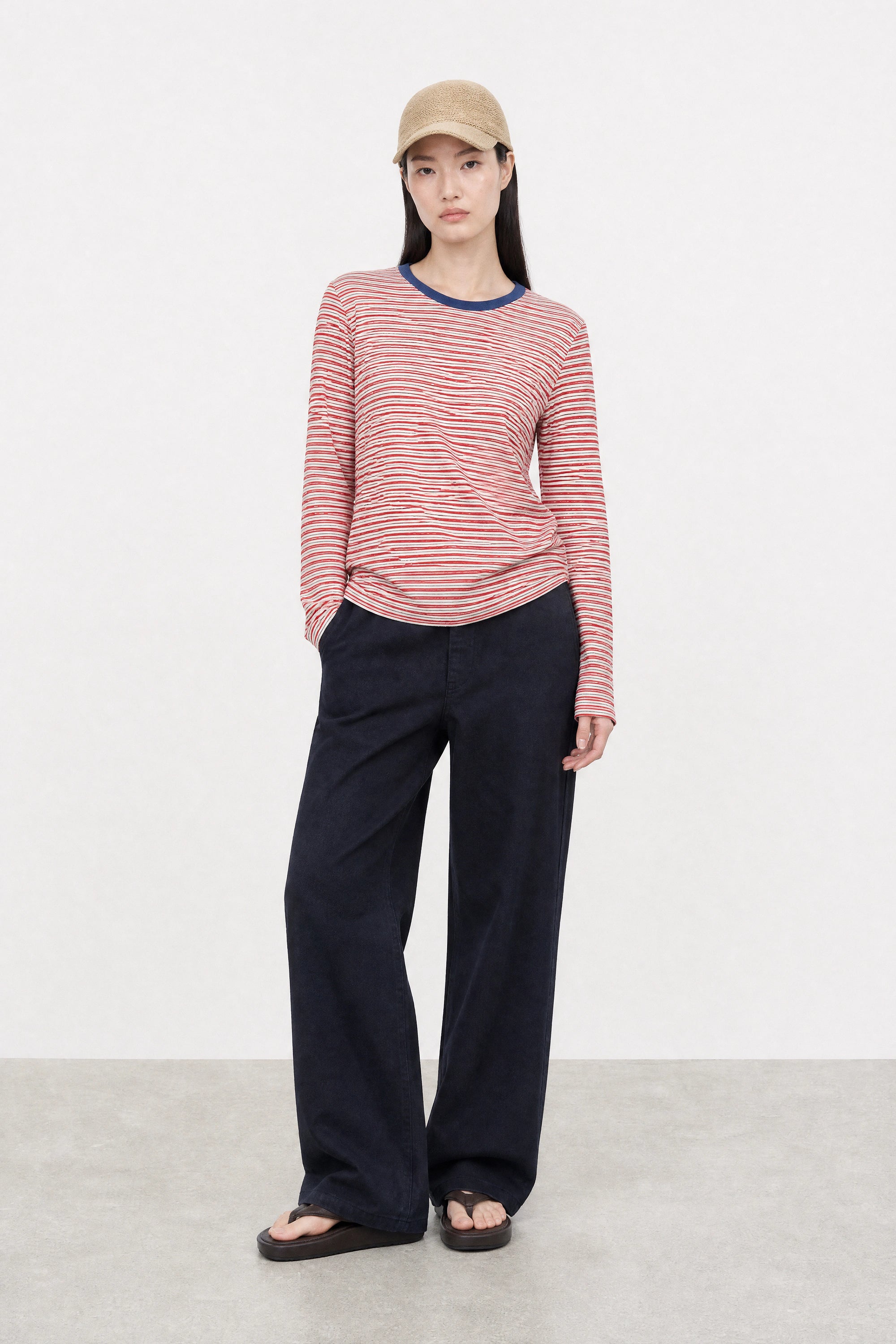 Ivory red and blue multi striped contrast collar long sleeved tee_5