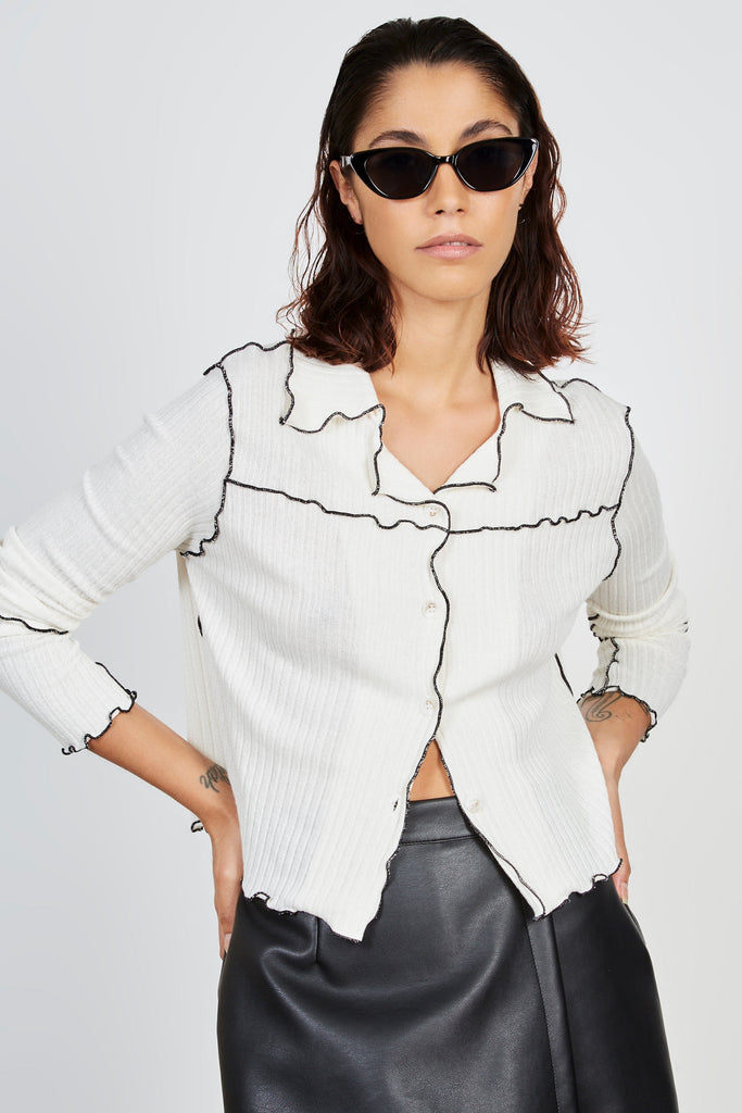 Ivory and black trim button up collar top_2