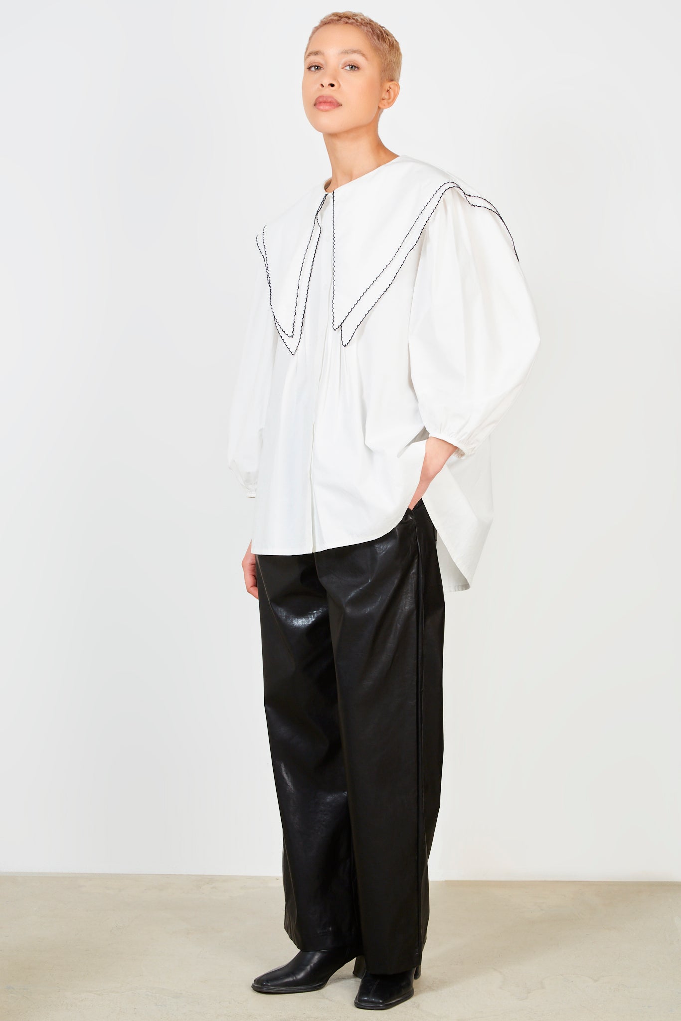 Ivory and black trim double giant collar blouse_4