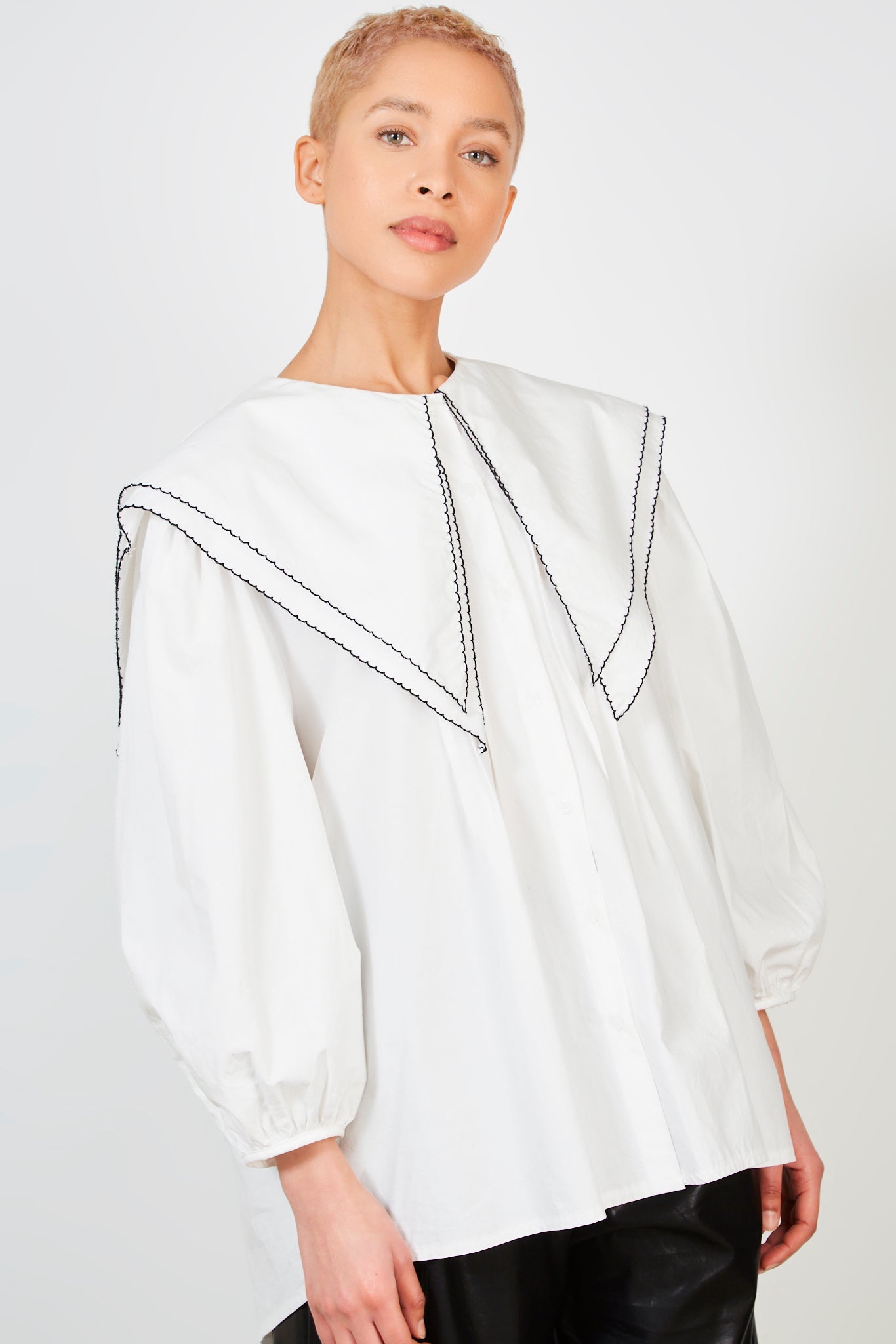Ivory and black trim double giant collar blouse_3