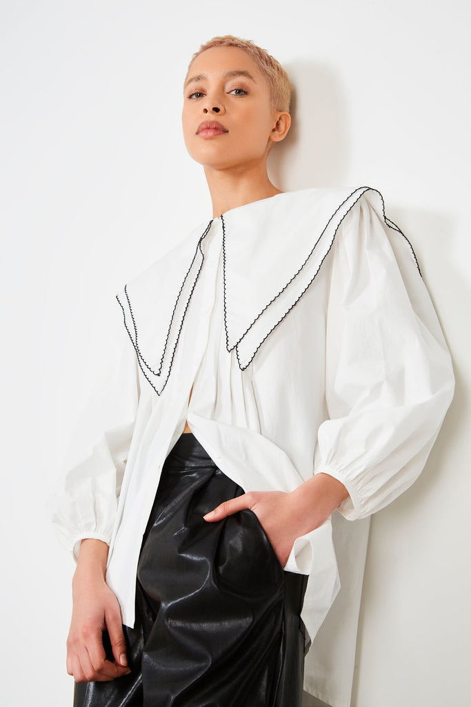 Ivory and black trim double giant collar blouse_1