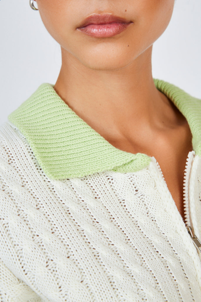 Ivory and lime green contrast collar zip cardigan_5