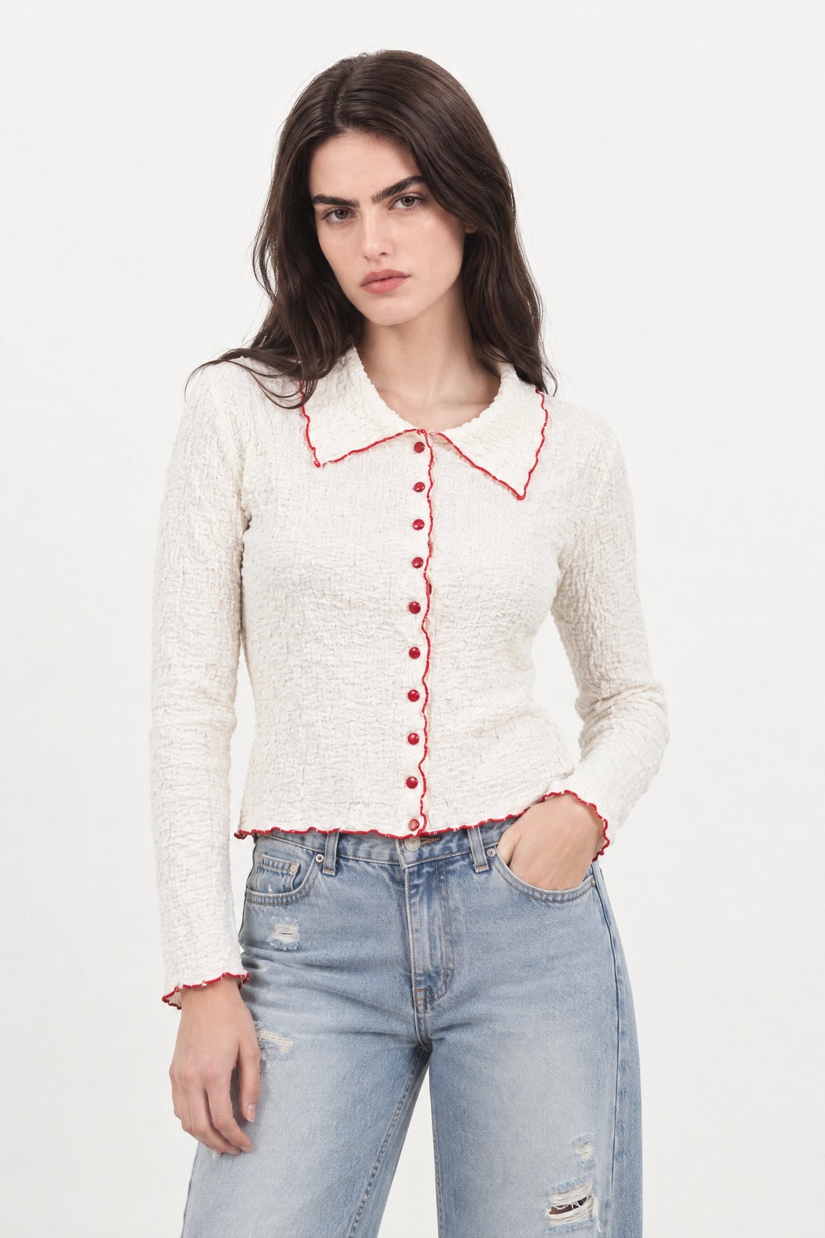 Ivory and red trim button up top_1