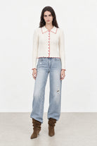 Ivory and red trim button up top_3