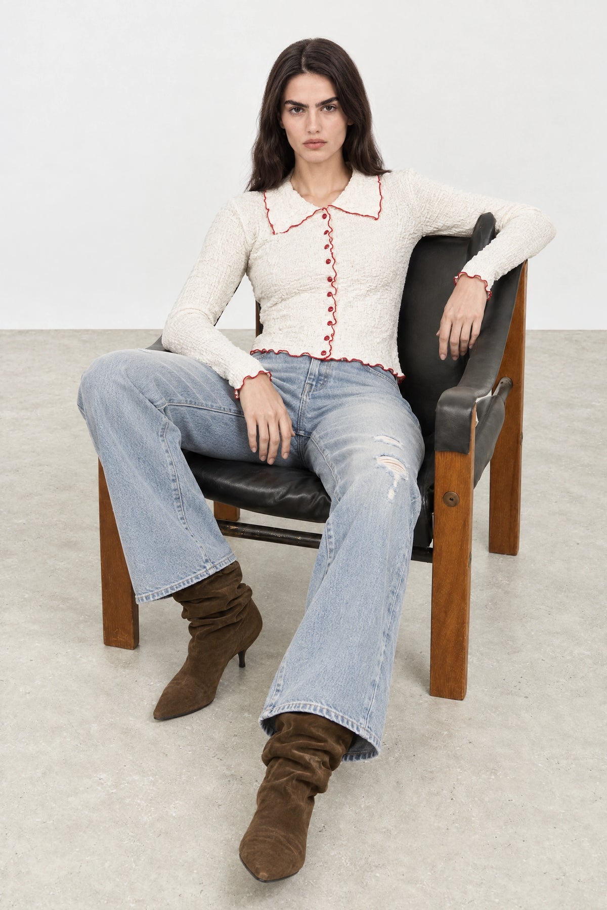 Ivory and red trim button up top_4