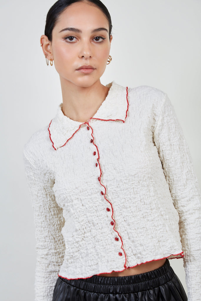 Ivory and red trim button up top_3