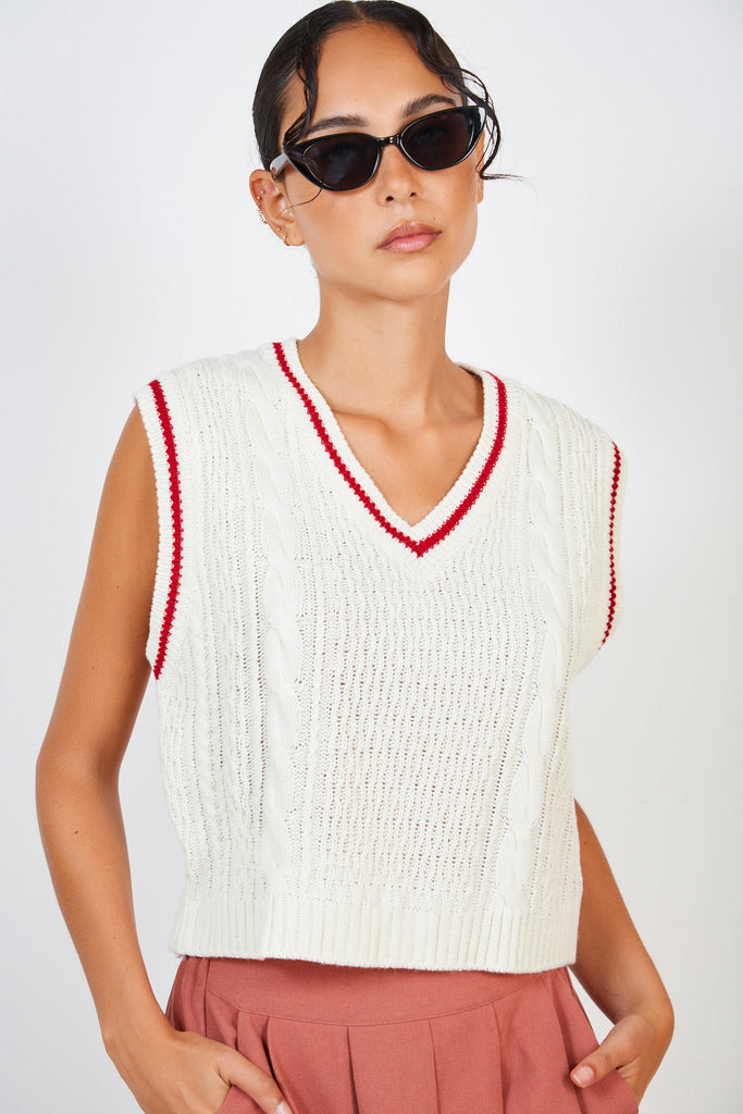 Ivory and red varsity trim sweater vest_1