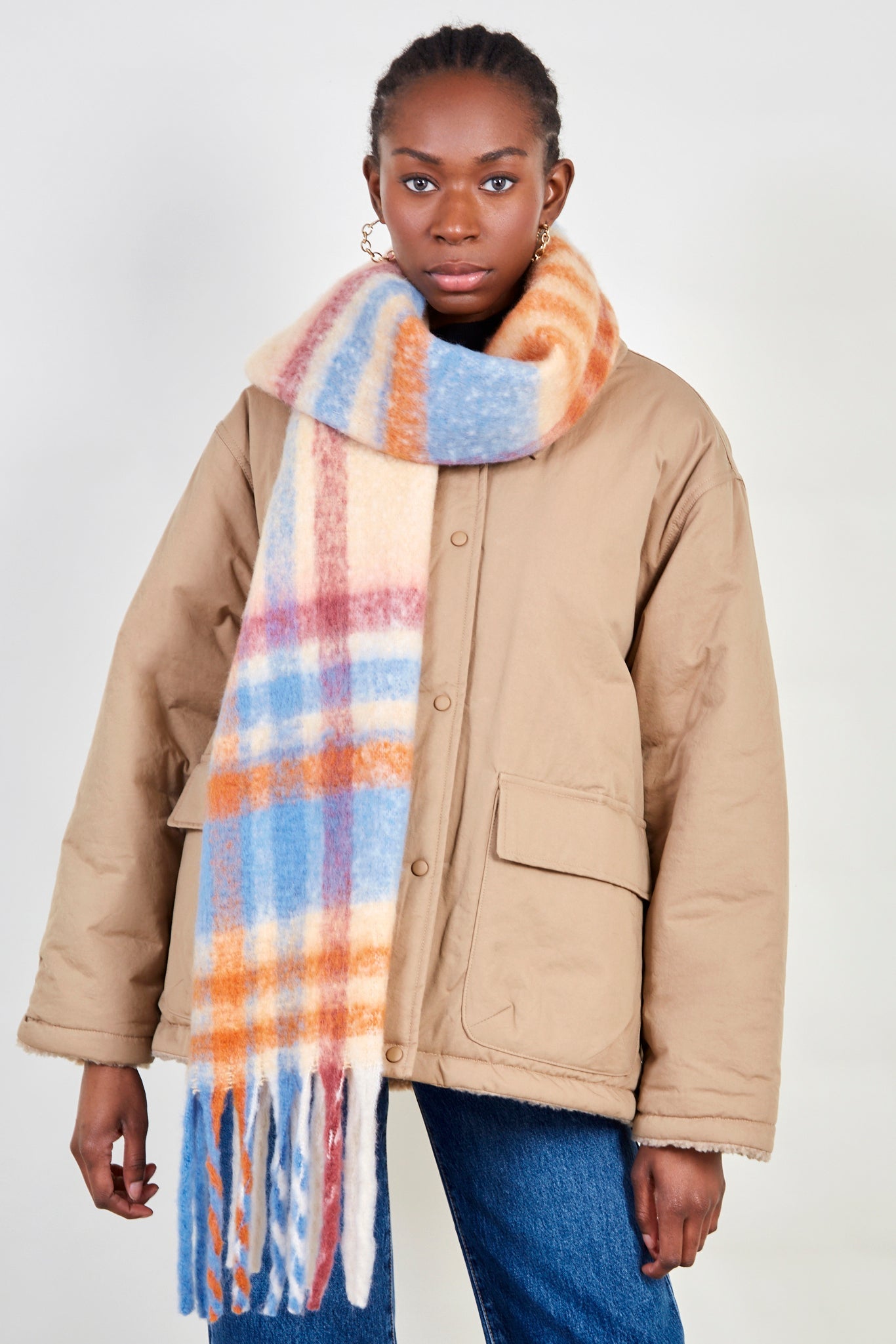 Ivory blue and orange checked scarf_3