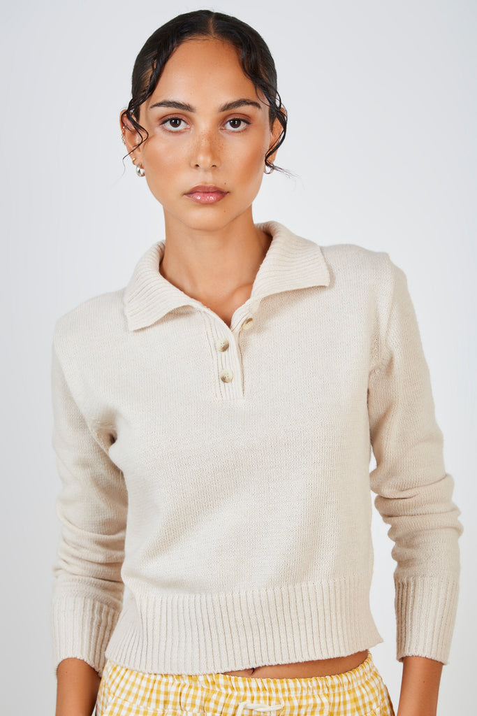 Ivory button collar polo knit top_1