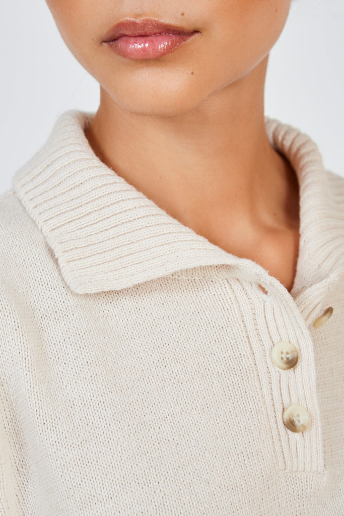 Ivory button collar polo knit top_4