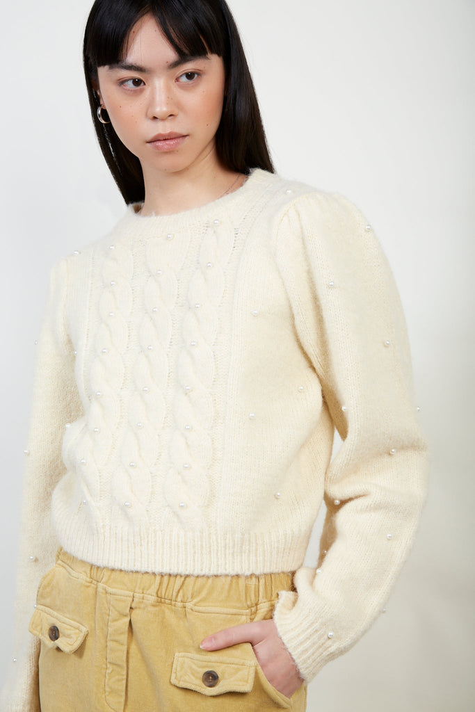 Ivory cableknit wool blend pearl jumper_1