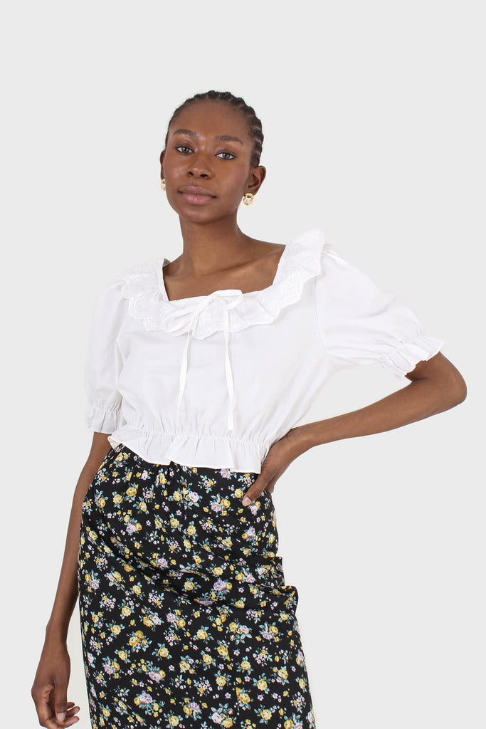 Ivory cropped puff sleeved broderie anglaise trim top_1