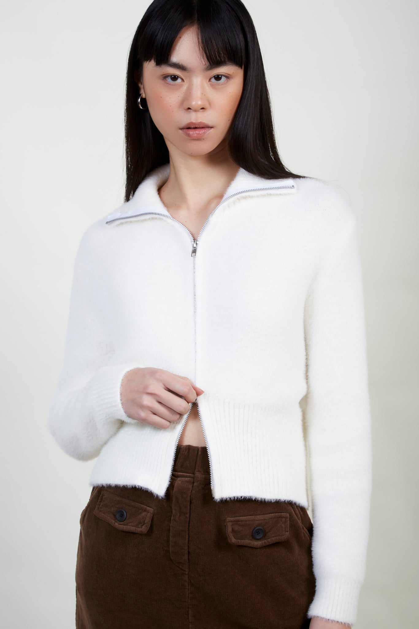 Ivory fuzzy mock neck zip cardigan_2