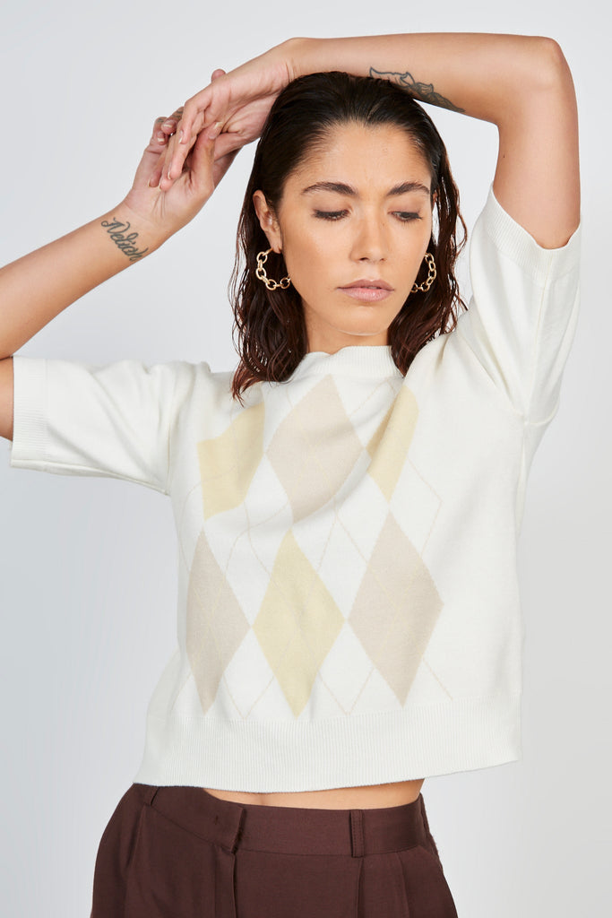 Ivory mustard and grey argyle short sleeved knit top_1