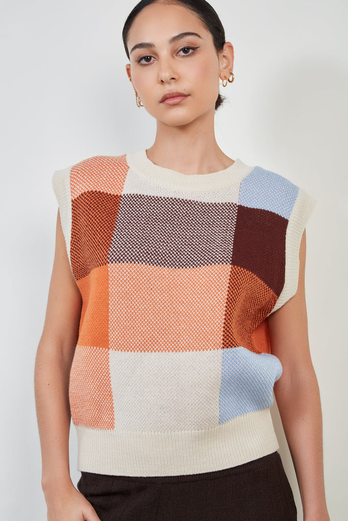 Ivory orange and blue giant check sweater vest_1