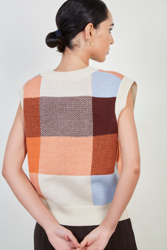 Ivory orange and blue giant check sweater vest_2