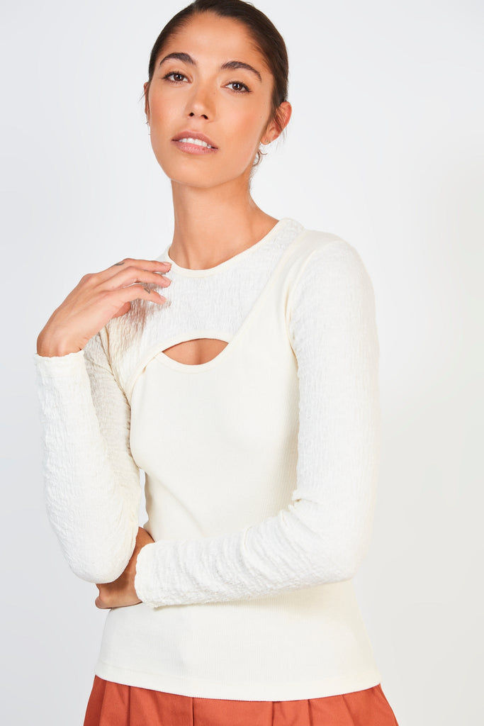 Ivory textured ribbed contrast peek front top_1