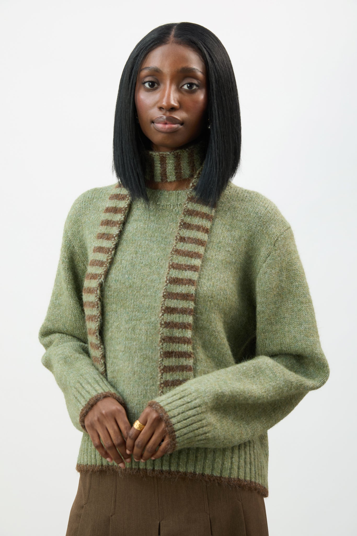 Khaki and brown wool blend striped tiny scarf jumper_1