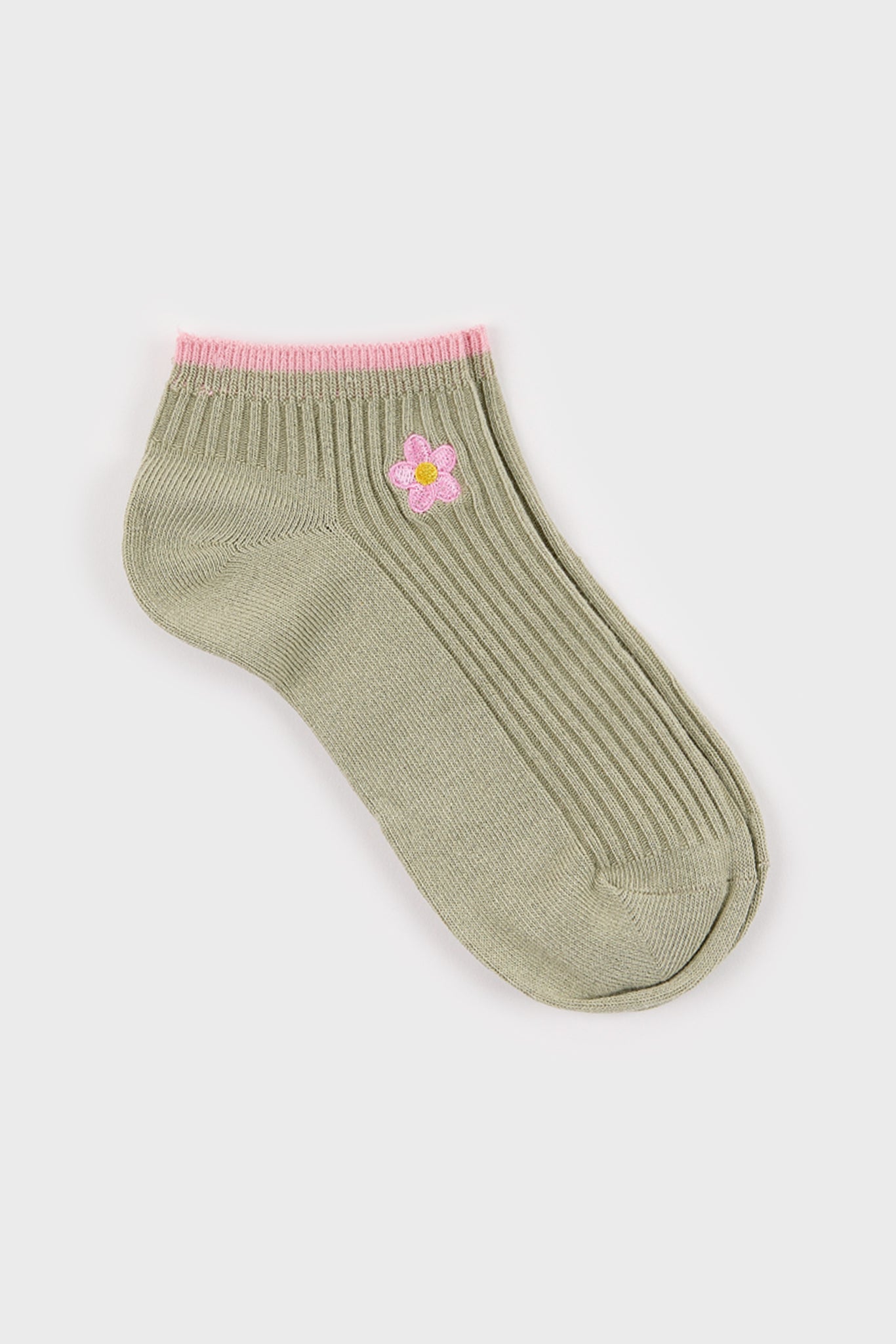 Khaki and tiny pink embroidered flower short socks_3