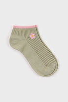 Khaki and tiny pink embroidered flower short socks_3