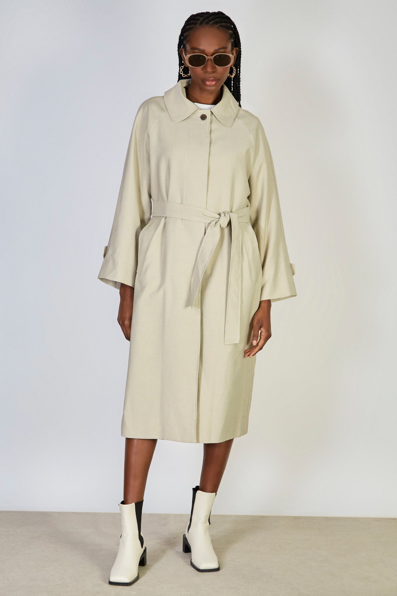 Khaki beige single breasted linen blend trench coat_1