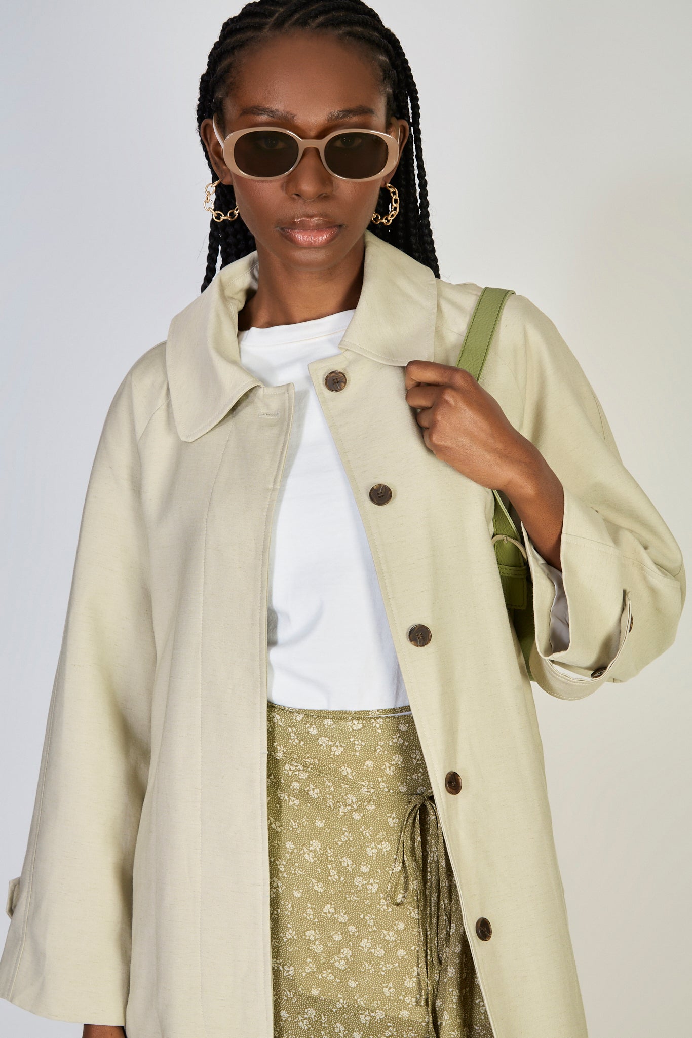 Khaki beige single breasted linen blend trench coat_5