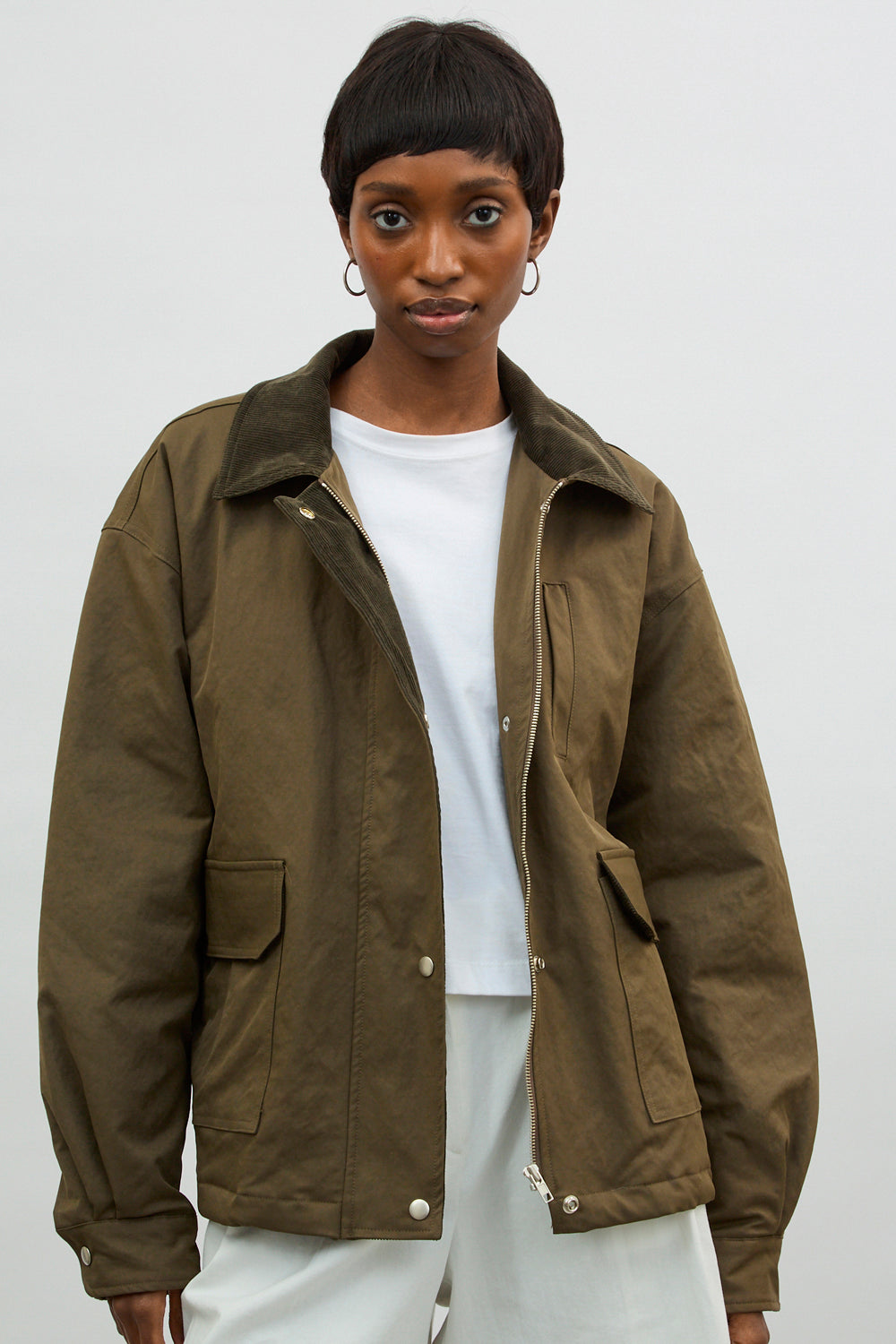 Khaki corduroy collar large pocket jacket | Glassworks London