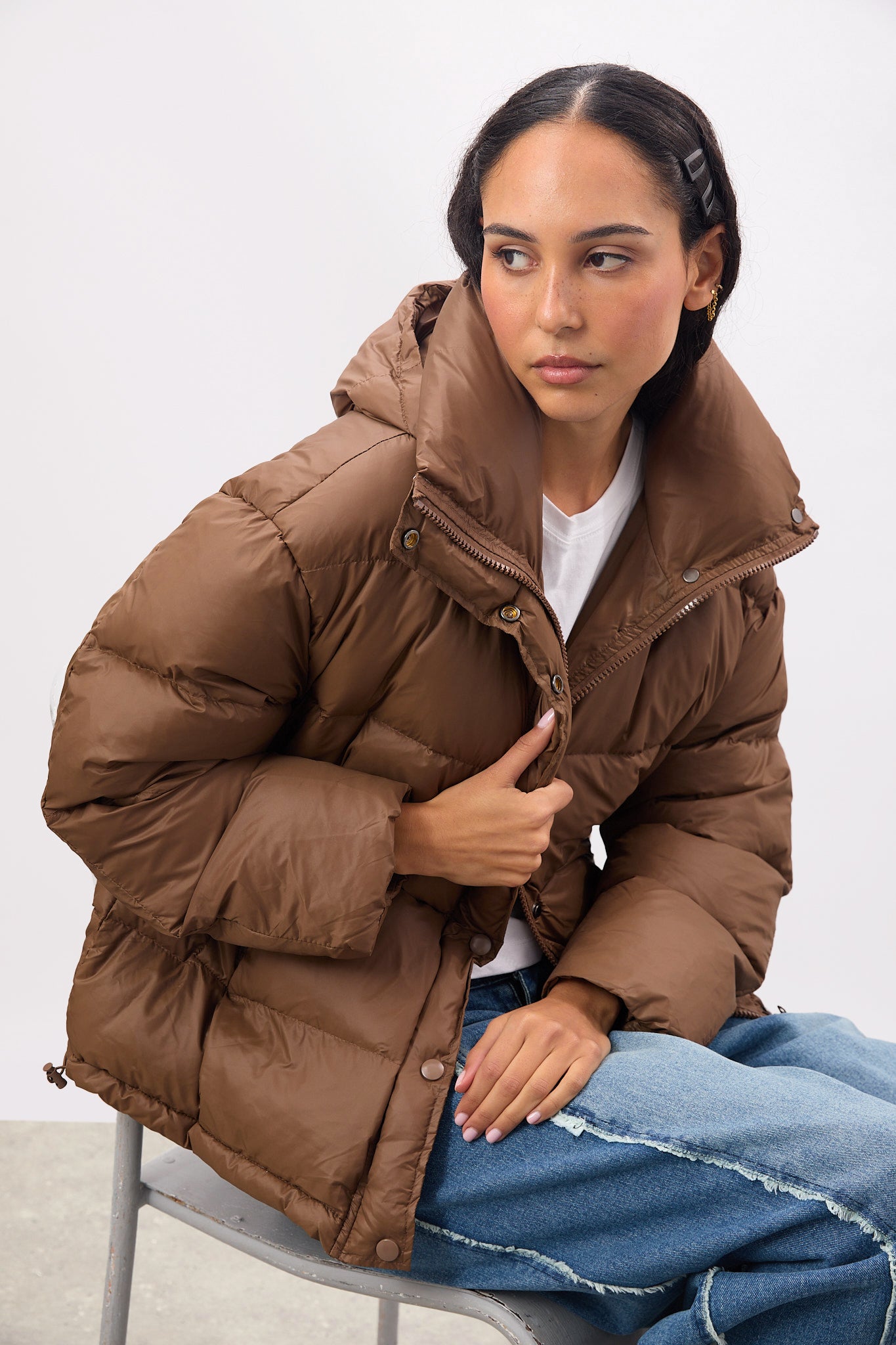 Brown oversized duck down puffer jacket | Glassworks London