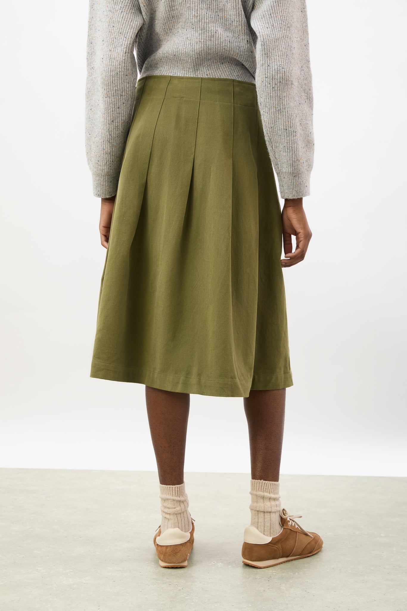 Khaki pleated triple buckle kilt midi skirt_2