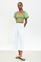 Khaki ribbed jersey contrast puff sleeve top_4