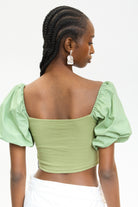 Khaki ribbed jersey contrast puff sleeve top_2