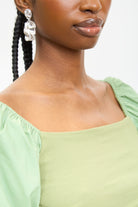 Khaki ribbed jersey contrast puff sleeve top_3