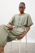 Khaki short sleeve rope waist jumpsuit_1