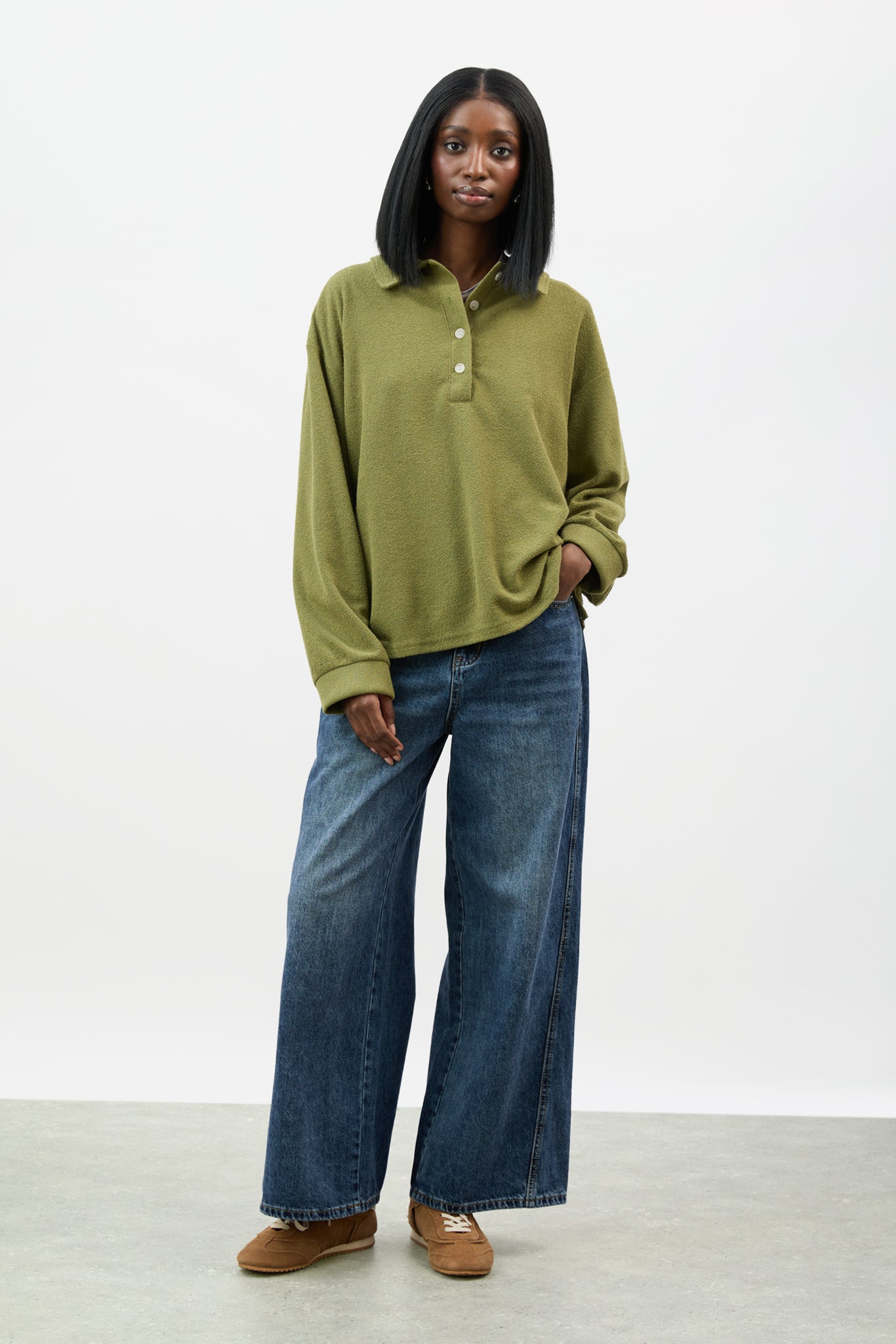 Khaki textured button up collared top_4