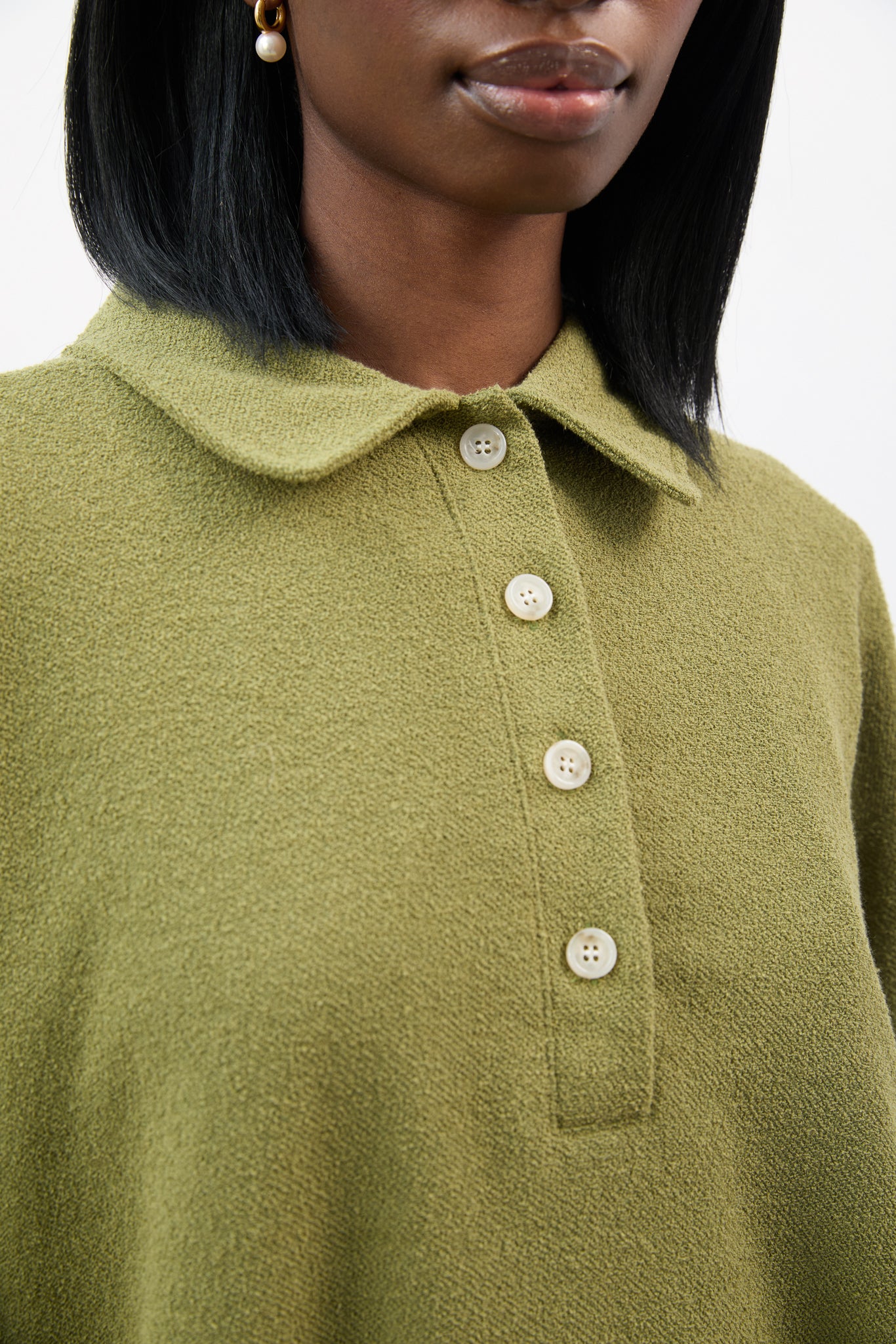 Khaki textured button up collared top_3