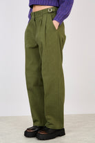Khaki thick double side belted trousers_1