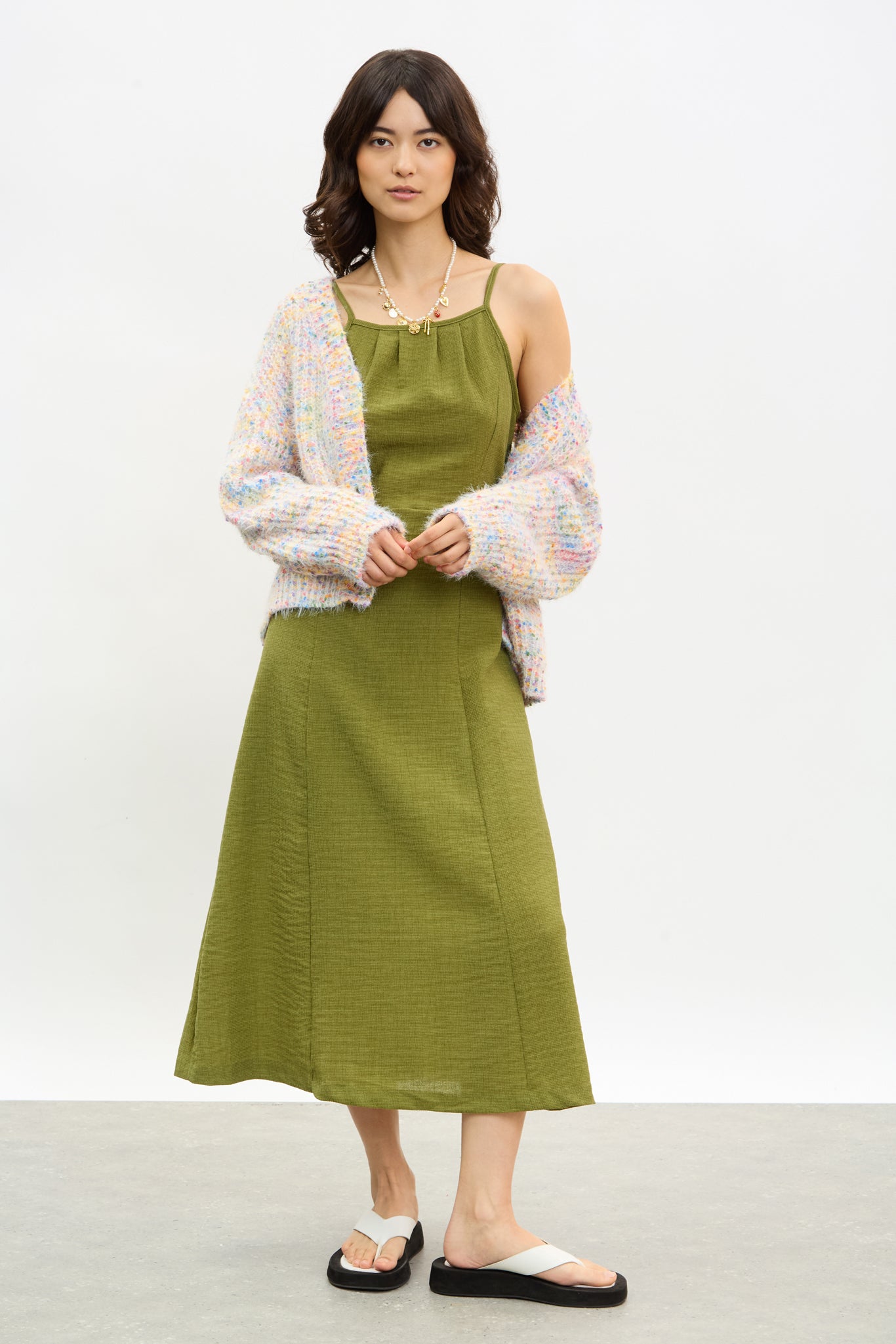 Khaki tie waist thin strap midi dress_1