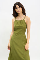 Khaki tie waist thin strap midi dress_3