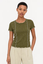 Khaki ribbed contrast trim double line tee_1