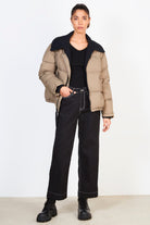 Khaki and black contrast trim puffer jacket_4