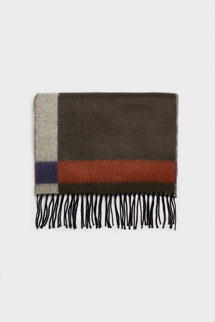 Khaki and orange contrast block fringe scarf_1