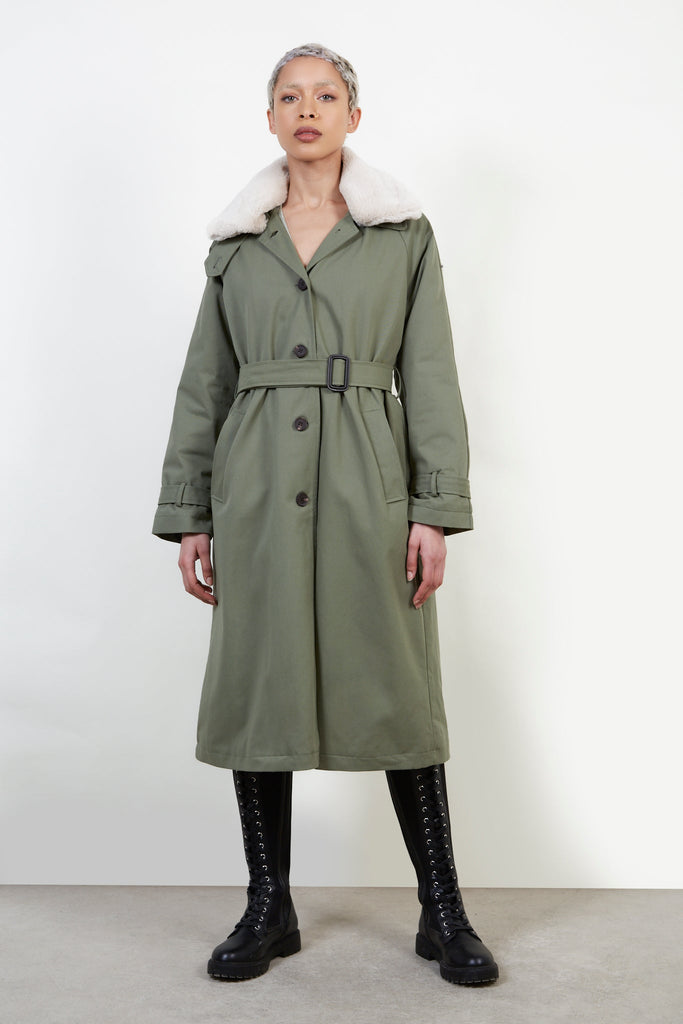Khaki faux fur collar lined trench coat_1