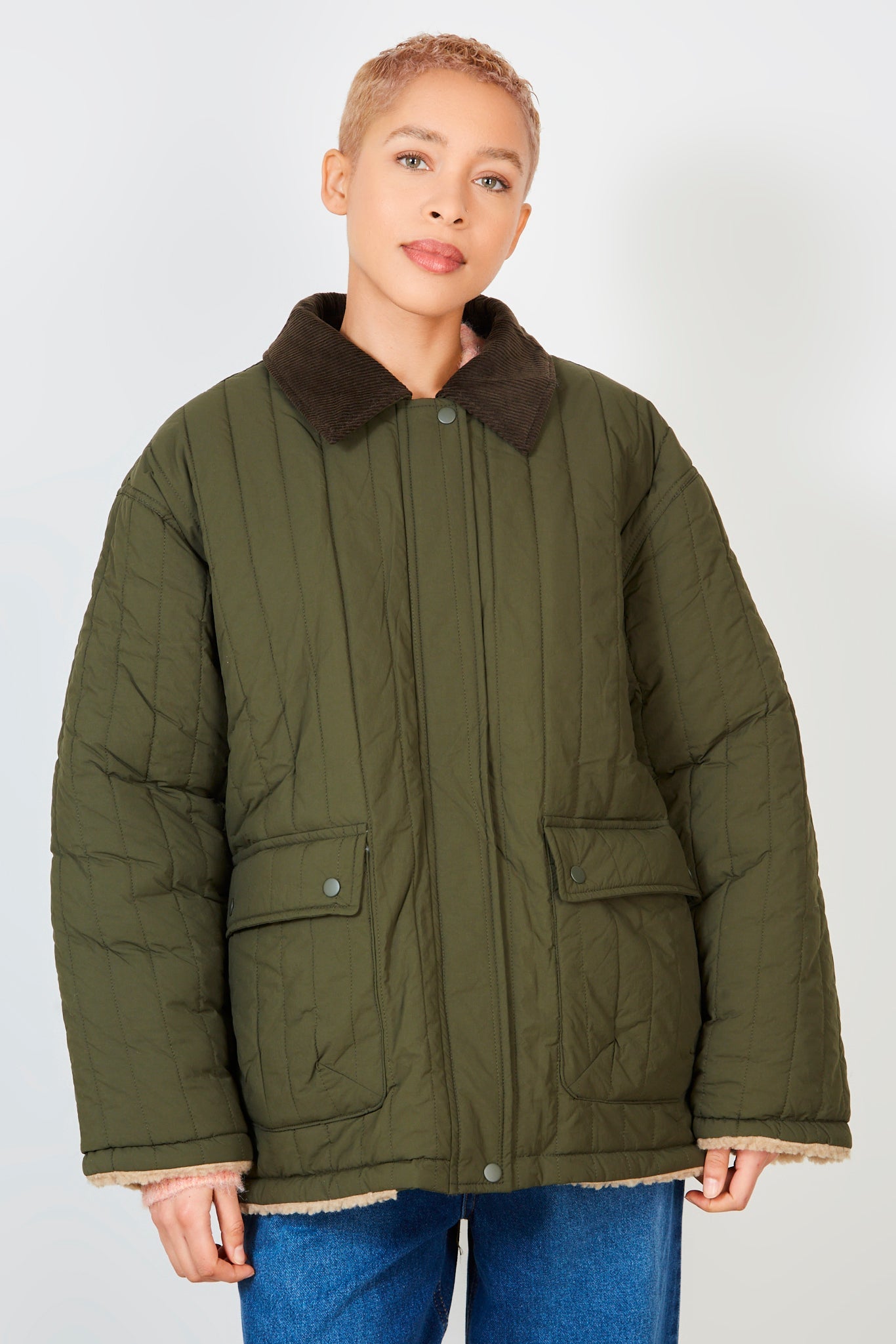 Khaki lined quilted corduroy collar coat_2