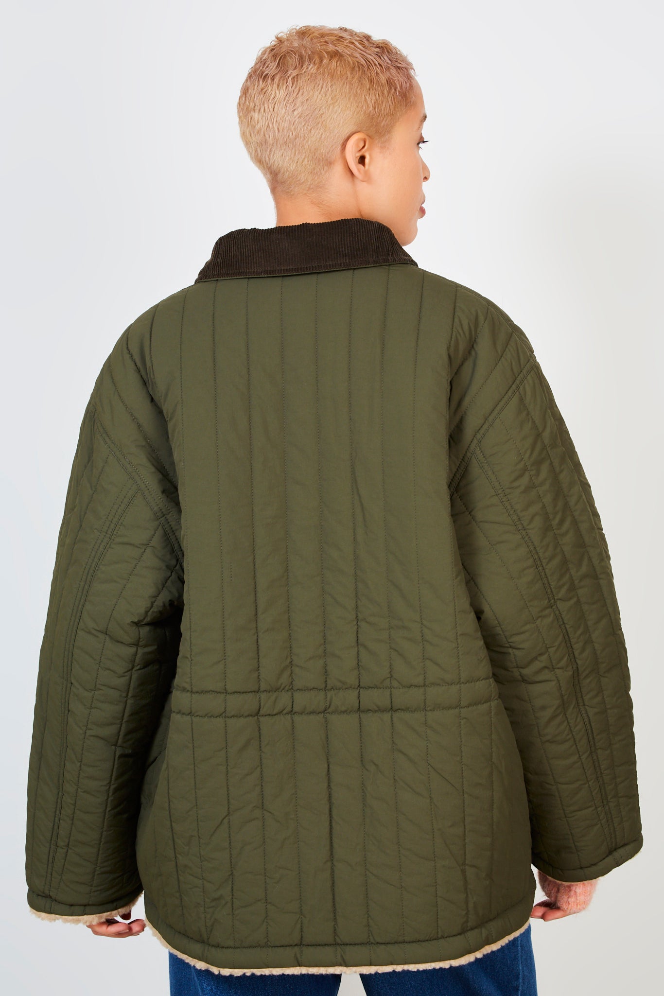 Khaki lined quilted corduroy collar coat_3