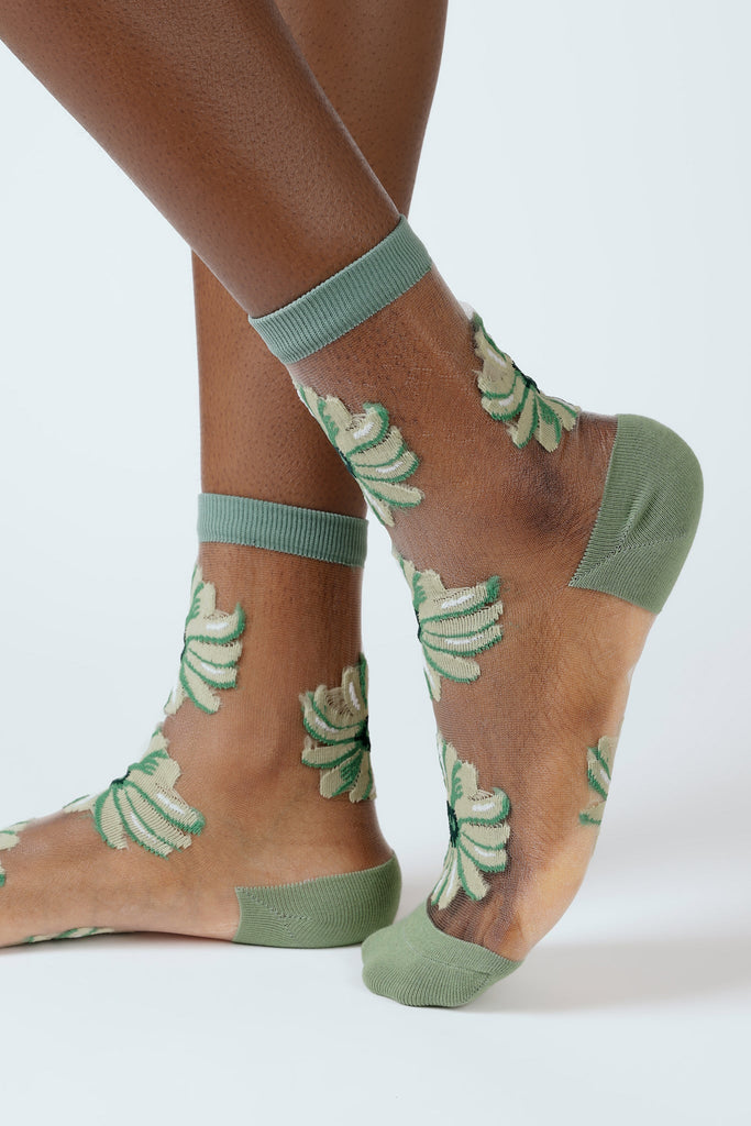 Khaki sheer floral socks_1