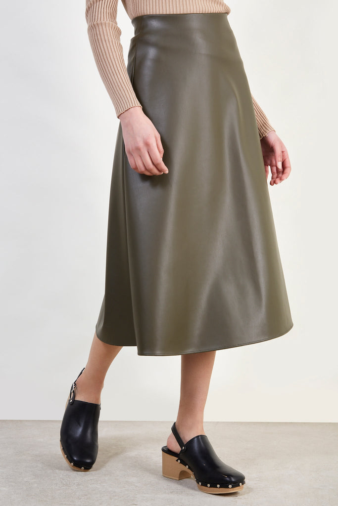 Khaki vegan leather long skirt_1