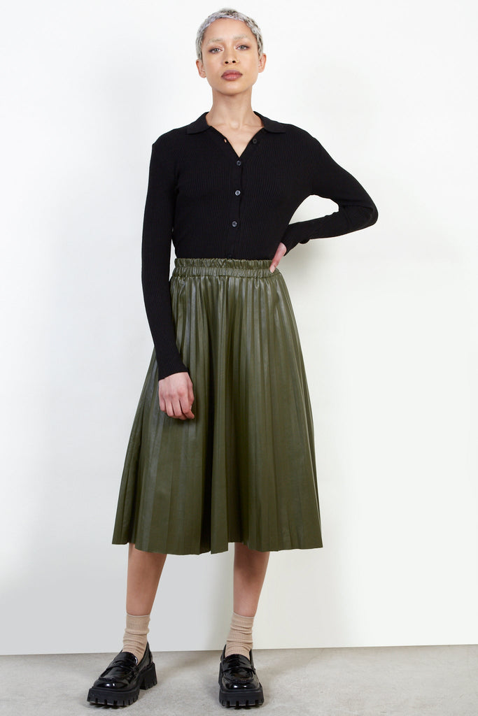 Khaki vegan leather pleated skirt_3