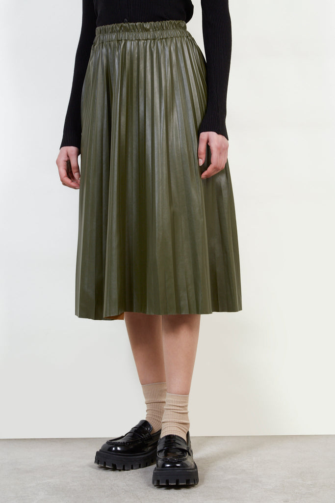 Khaki vegan leather pleated skirt_1