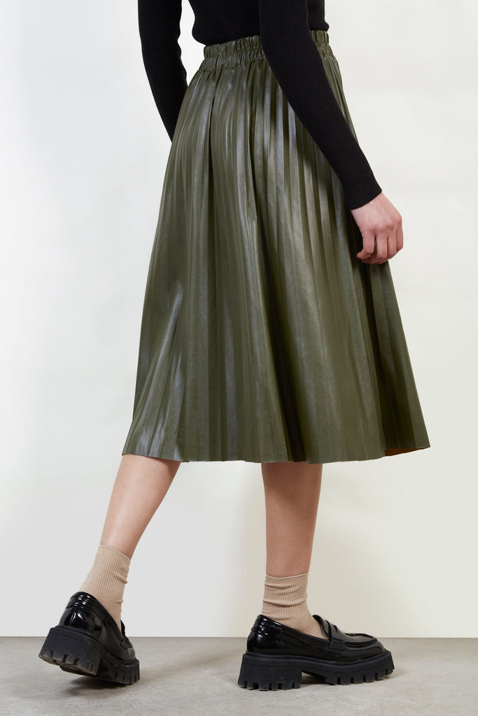 Khaki vegan leather pleated skirt_2