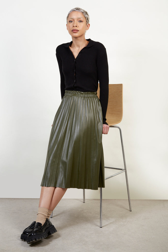 Khaki vegan leather pleated skirt_5